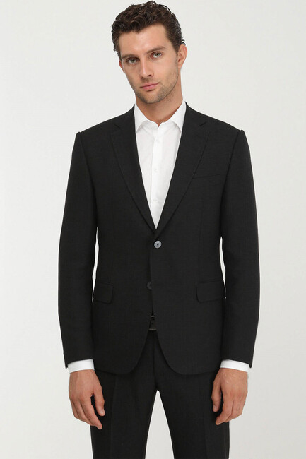 Erkek Çizgili Modern Fit Keten Karışımlı Takım Elbise 10139702 Siyah - Thumbnail