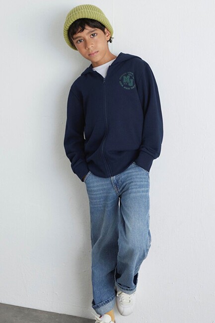 Erkek Çocuk MV Baskılı Fermuarlı Sweat 6S10127-82318 Lacivert - Thumbnail