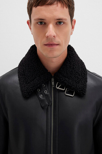 Erkek Kürk Yaka Ceket 0110670-71379 Siyah - Thumbnail
