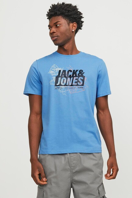 Jack & Jones - Erkek Map Logo Tişört 12252376 Mavi 