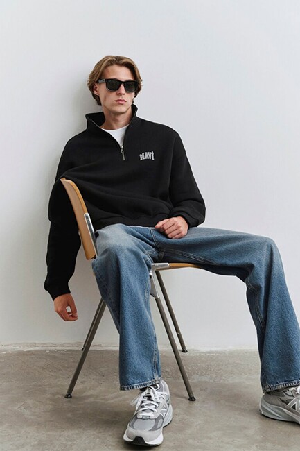 Erkek Yarım Fermuarlı Sweat 0S10208-900 Siyah - Thumbnail