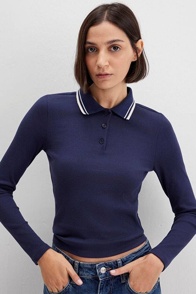 Kadın Polo Yaka Modelli Penye 1613836-80729 Lacivert 