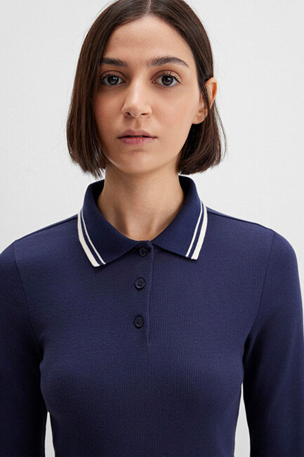 Kadın Polo Yaka Modelli Penye 1613836-80729 Lacivert - Thumbnail