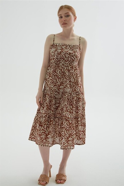 Fashion Friends - Kadın Askılı Desenli Elbise 24Y0855K1 Kahverengi (1)