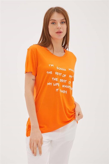 Fashion Friends - Kadın Baskılı Tişört 23Y0247K1 Turuncu (1)
