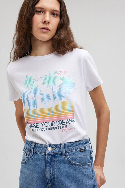Mavi - Kadın Beach Baskılı Tişört 1612409-620 Beyaz 