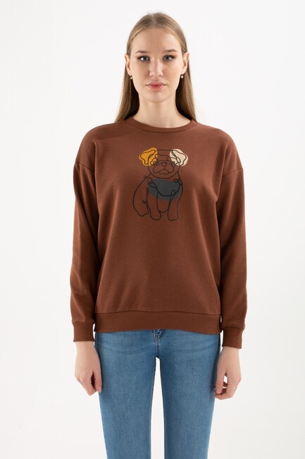 Fashion Friends - Kadın Bisiklet Yaka Baskılı Sweatshirt 22K0065K1 Kahverengi 