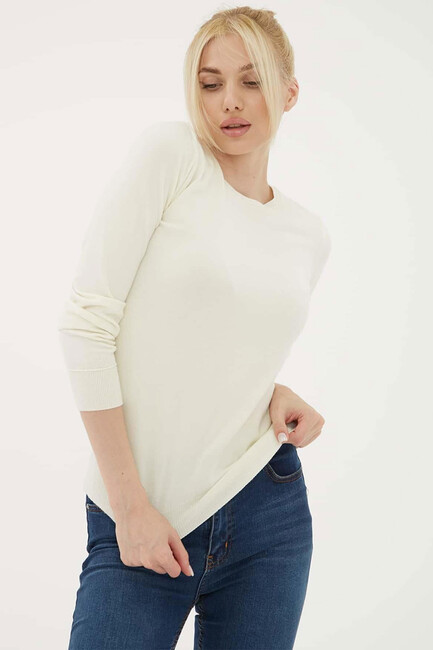 Kadın Bisiklet Yaka Kazak 25K0777K1 Ekru - Thumbnail