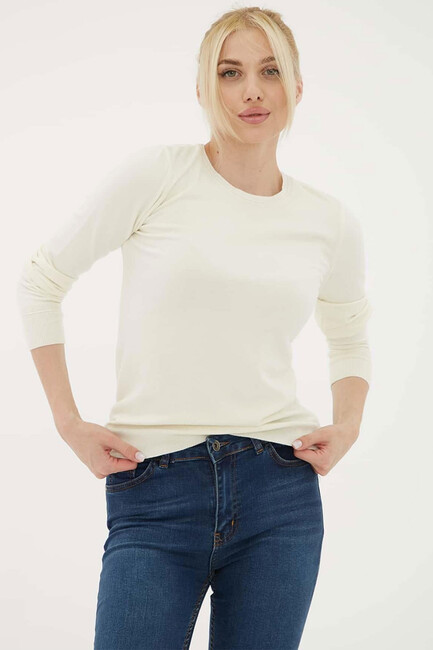 Kadın Bisiklet Yaka Kazak 25K0777K1 Ekru - Thumbnail