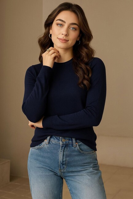 Kadın Bisiklet Yaka Kazak 25K0777K1 Lacivert - Thumbnail