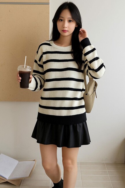 Kadın Çizgili Kazak 25K0477K1 Ekru - Thumbnail