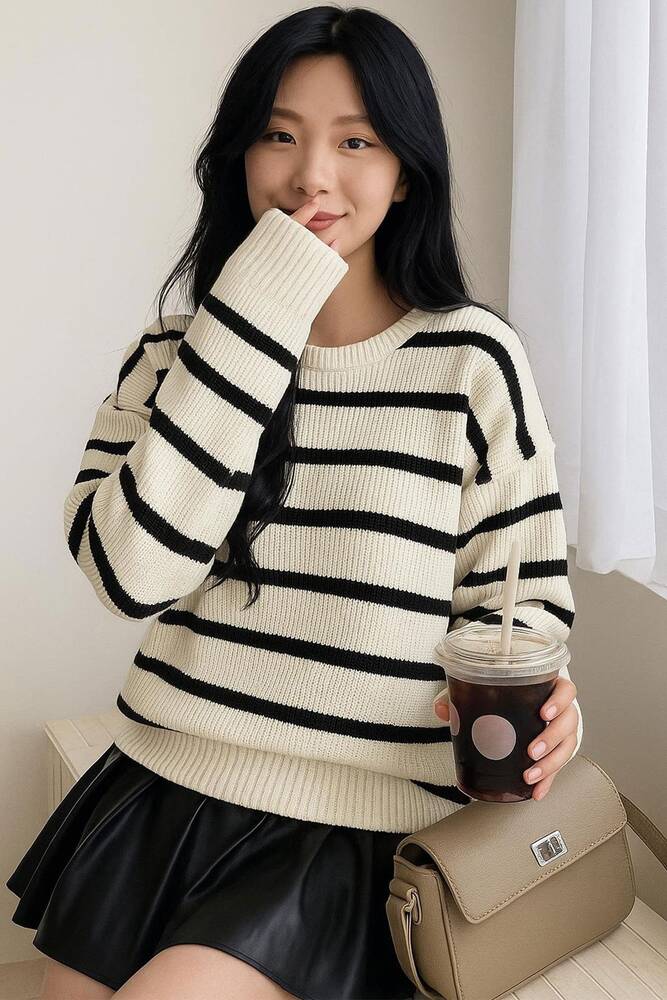 Kadın Çizgili Kazak 25K0477K1 Ekru 