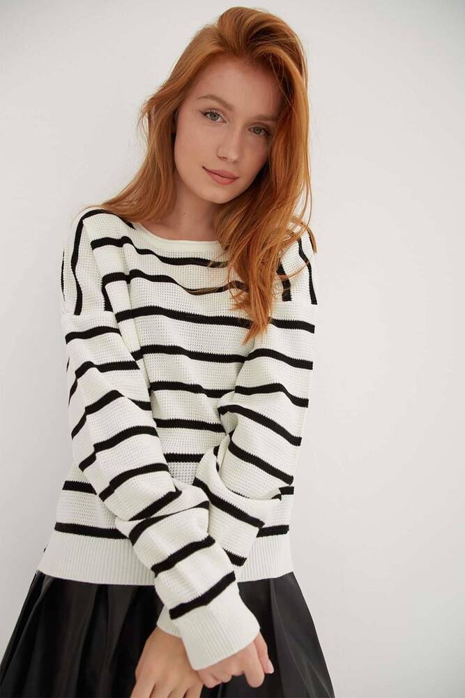 Kadın Çizgili Kazak 25K0477K1 Ekru 