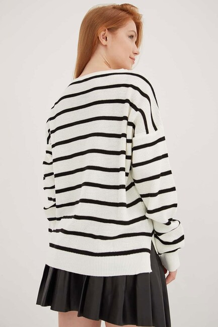 Kadın Çizgili Kazak 25K0477K1 Ekru - Thumbnail