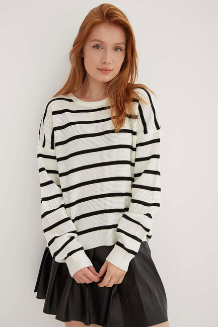 Kadın Çizgili Kazak 25K0477K1 Ekru - Thumbnail