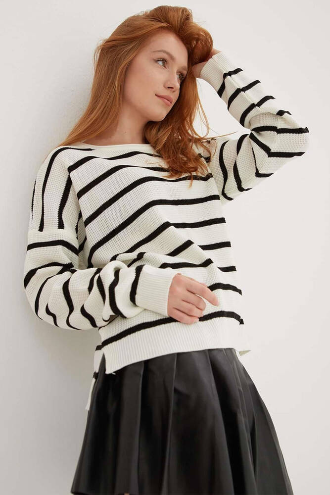 Kadın Çizgili Kazak 25K0477K1 Ekru 