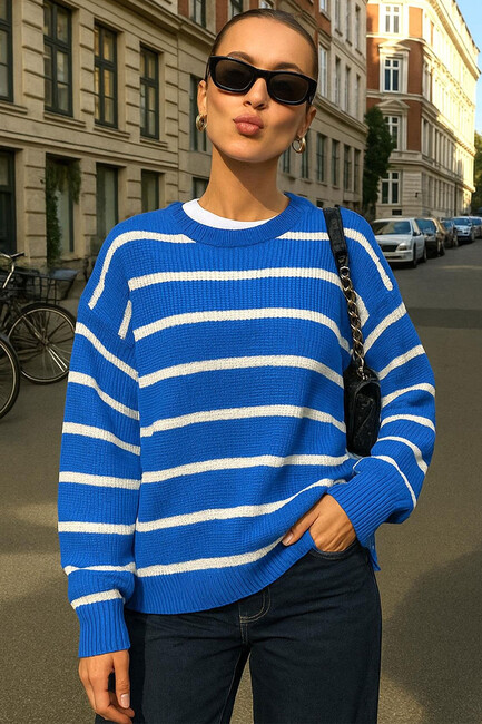 Kadın Çizgili Kazak 25K0477K1 Mavi 