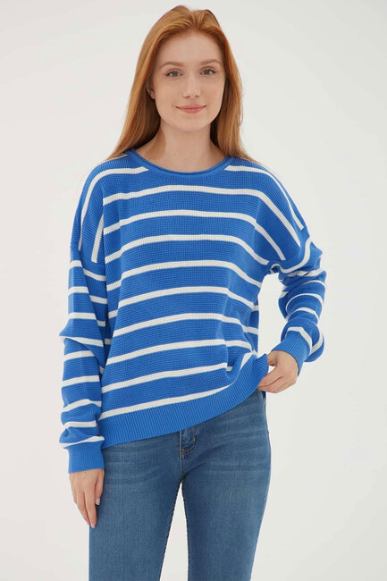 Kadın Çizgili Kazak 25K0477K1 Mavi - Thumbnail