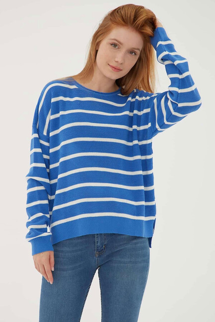 Kadın Çizgili Kazak 25K0477K1 Mavi - Thumbnail