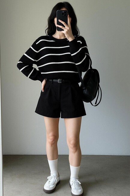 Kadın Çizgili Kazak 25K0477K1 Siyah (2)