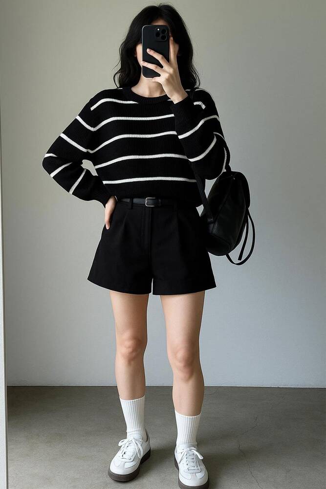 Kadın Çizgili Kazak 25K0477K1 Siyah 