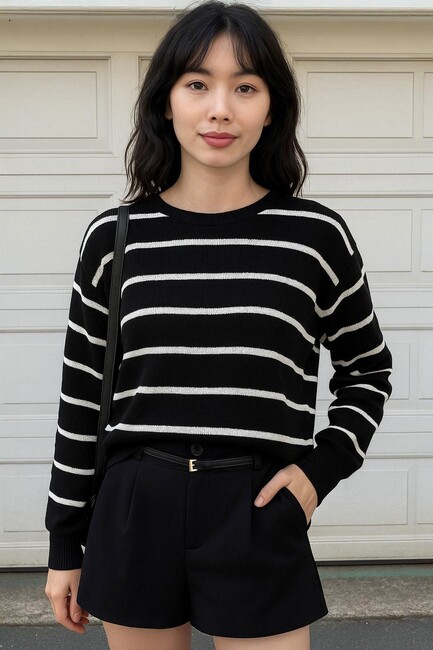 Kadın Çizgili Kazak 25K0477K1 Siyah (1)