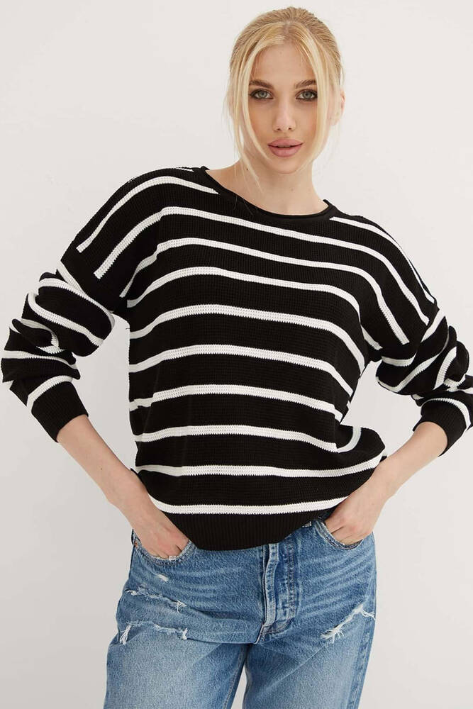 Kadın Çizgili Kazak 25K0477K1 Siyah 