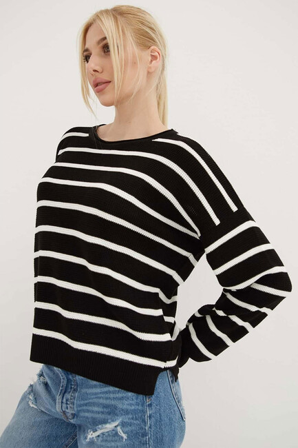 Kadın Çizgili Kazak 25K0477K1 Siyah - Thumbnail