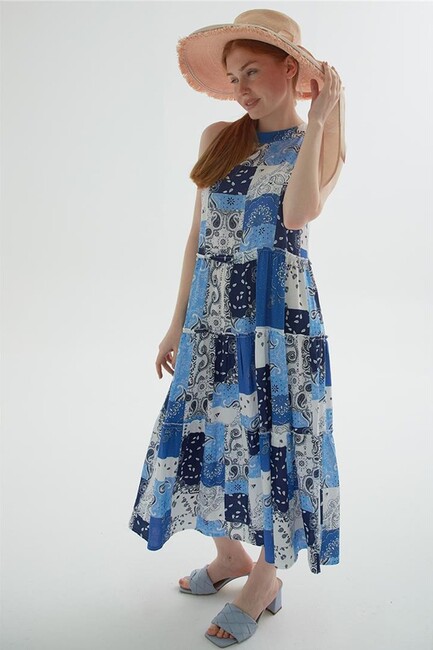 Fashion Friends - Kadın Desenli Uzun Elbise 24Y0735K1 Mavi 
