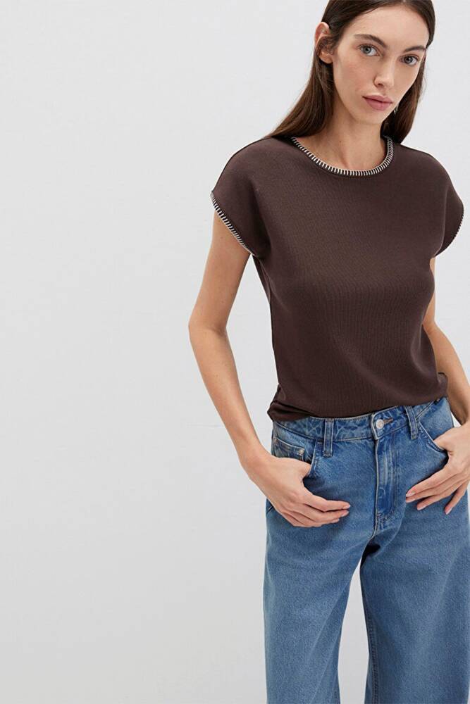 Kadın Dikiş Detaylı Modelli Penye 1613696-70236 Kahve 