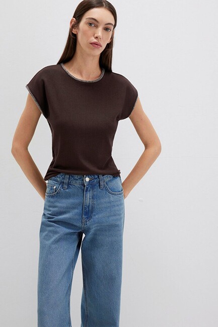 Kadın Dikiş Detaylı Modelli Penye 1613696-70236 Kahve (3)