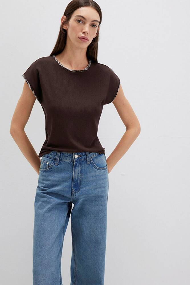 Kadın Dikiş Detaylı Modelli Penye 1613696-70236 Kahve 