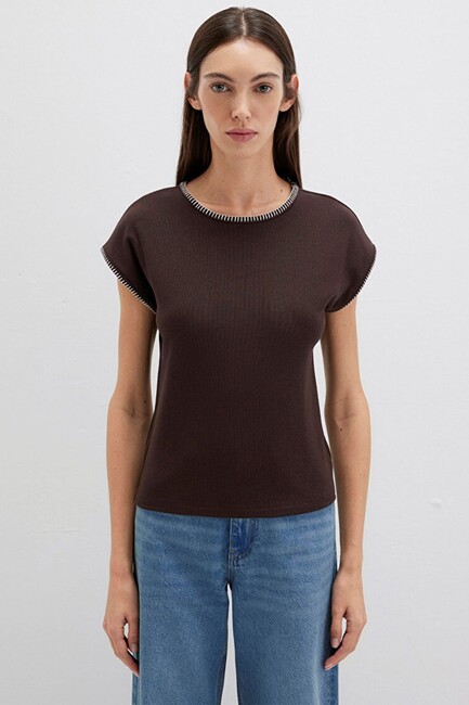 Kadın Dikiş Detaylı Modelli Penye 1613696-70236 Kahve - Thumbnail