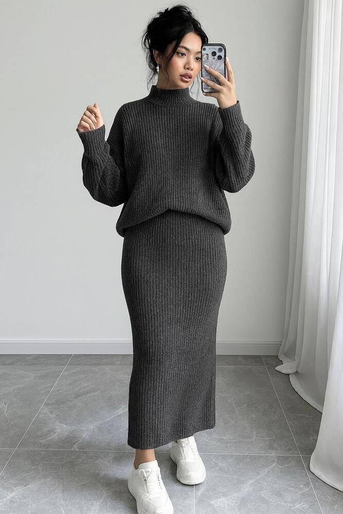 Kadın Etekli Triko Takım 25K0188K1 Gri 