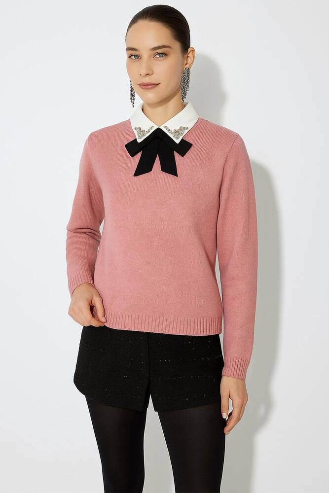 Kadın Gömlek Yaka Detaylı Kazak 25K0222K1 Pembe  Kadın Gömlek Yaka Detaylı Kazak 25K0222K1 Pembe