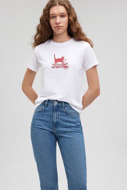 Mavi - Kadın Kedi Baskılı Tişört 1612202-620 Beyaz 