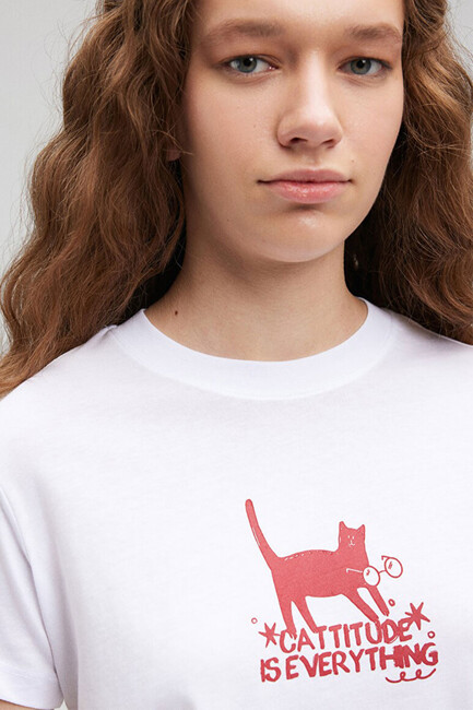Kadın Kedi Baskılı Tişört 1612202-620 Beyaz - Thumbnail
