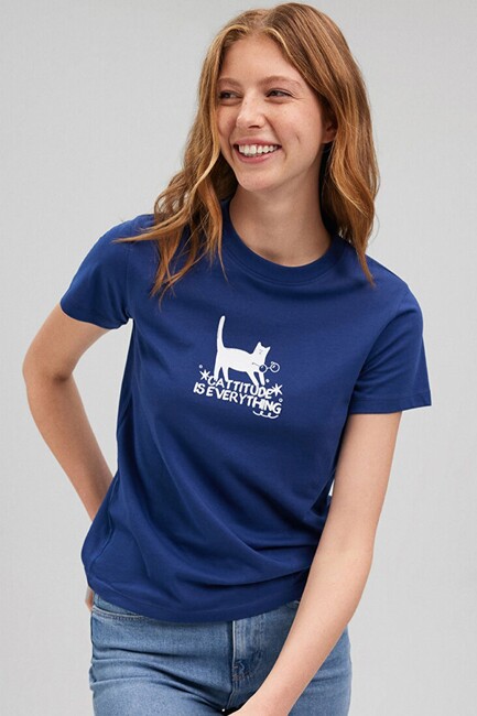 Mavi - Kadın Kedi Baskılı Tişört 1612202-70722 Mavi 