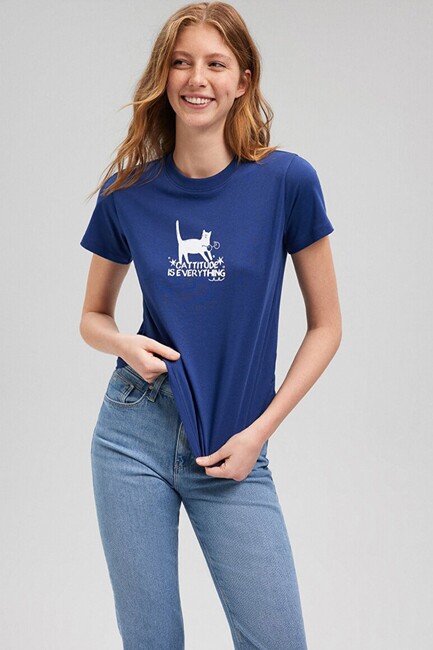 Kadın Kedi Baskılı Tişört 1612202-70722 Mavi - Thumbnail