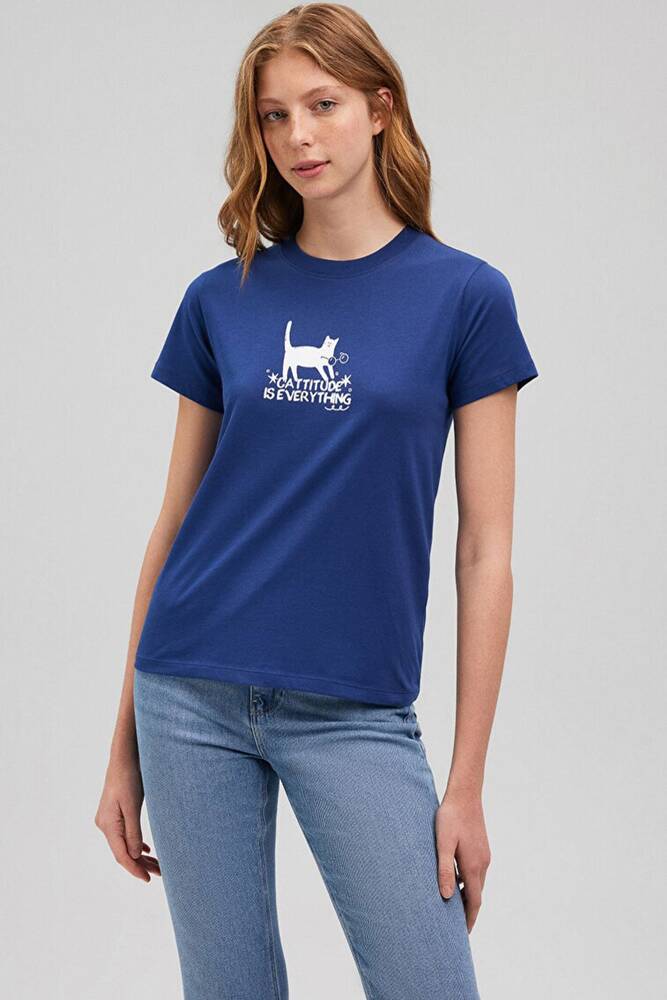 Kadın Kedi Baskılı Tişört 1612202-70722 Mavi 