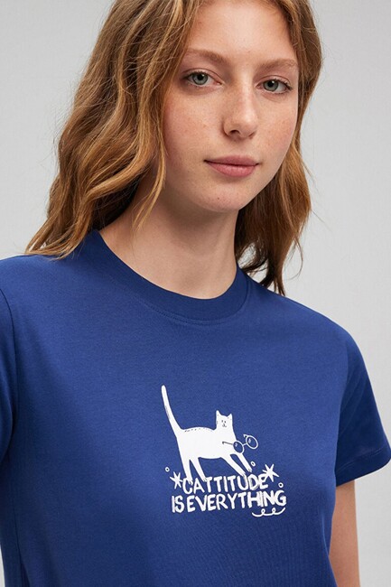 Kadın Kedi Baskılı Tişört 1612202-70722 Mavi - Thumbnail