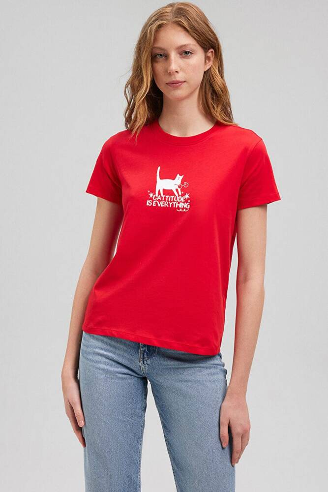 Kadın Kedi Baskılı Tişört 1612202-82054 Kırmızı 