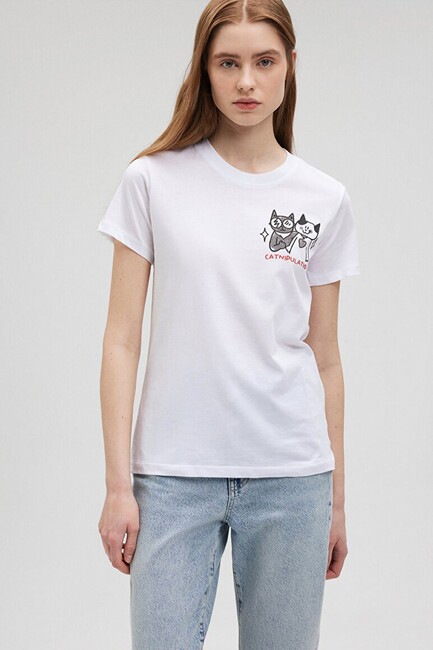 Kadın Kedi Baskılı Tişört 1612203-620 Beyaz - Thumbnail