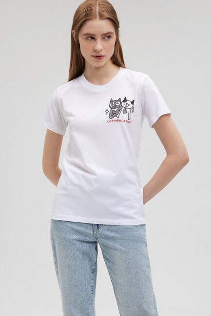 Kadın Kedi Baskılı Tişört 1612203-620 Beyaz - Thumbnail