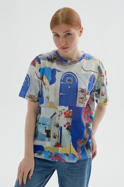 Fashion Friends - Kadın Kısa Kollu Desenli Bluz 24Y0928K1 Mavi 