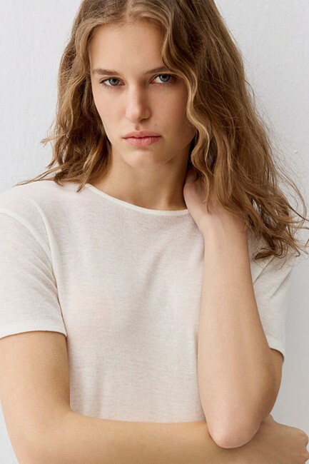 Kadın Kısa Kollu Modelli Penye 1613653-80194 Ekru (2)