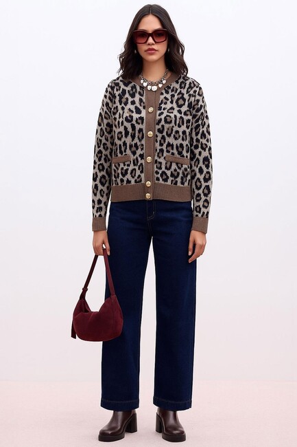 Kadın Leopar Desenli Hırka 25K0083K1 Kahve (2)