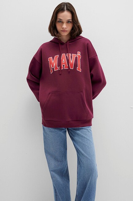 Kadın Mavi Kapüşonlu Sweat 1600361-90705 Bordo - Thumbnail