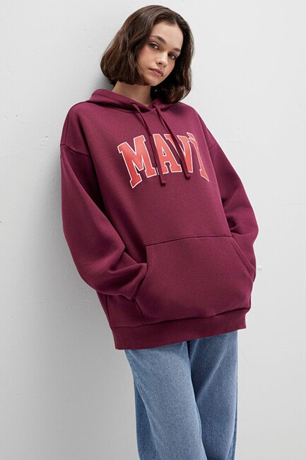 Kadın Mavi Kapüşonlu Sweat 1600361-90705 Bordo - Thumbnail