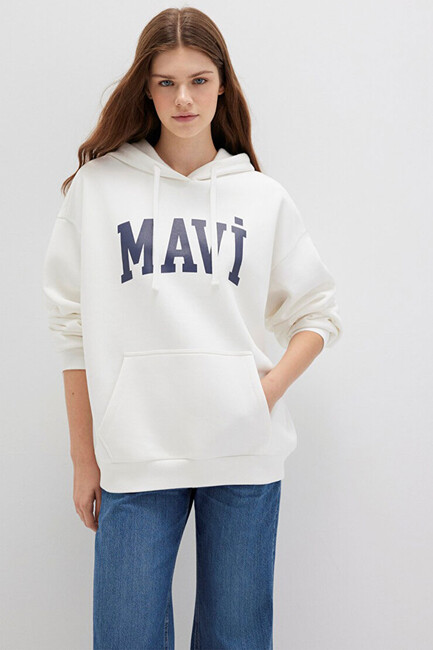 Kadın Mavi Logo Kapüşonlu Sweat 1600361-81964 Beyaz - Thumbnail